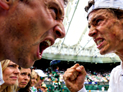 MK体育场边沉浸视角画面 - 网球比赛场边观众与球员的紧张表情